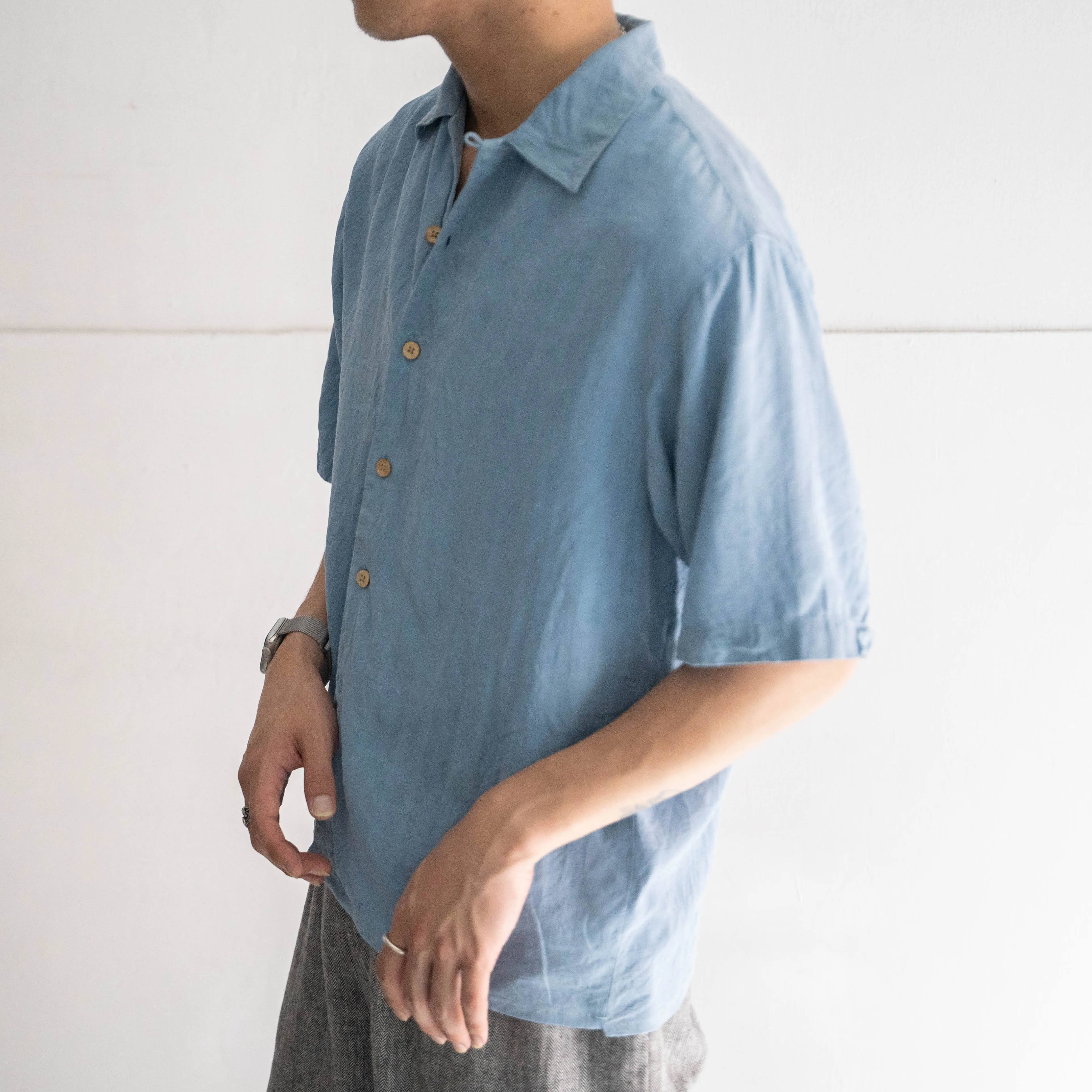1990s blue color all silk open collar shirt -remake-