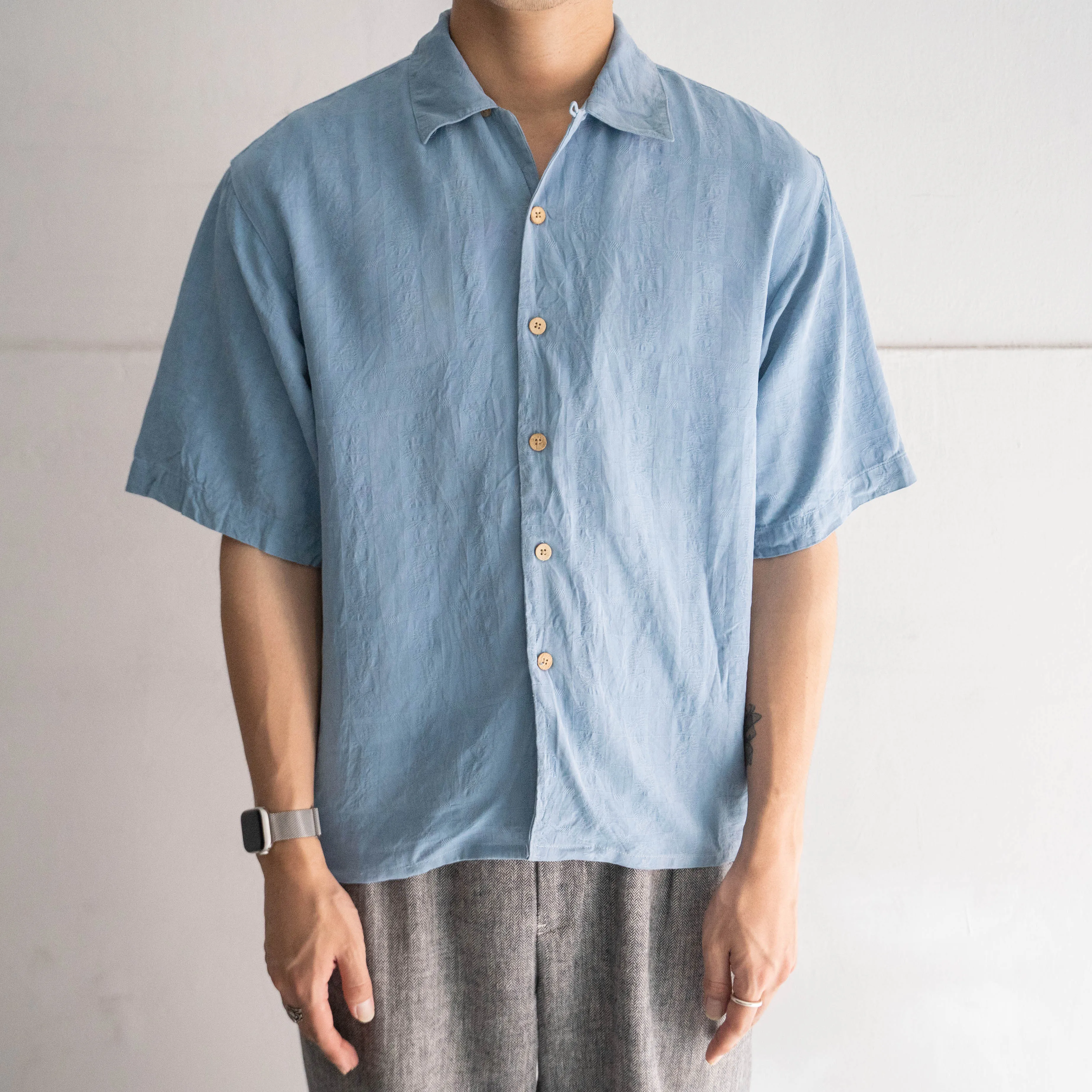 1990s blue color all silk open collar shirt -remake-