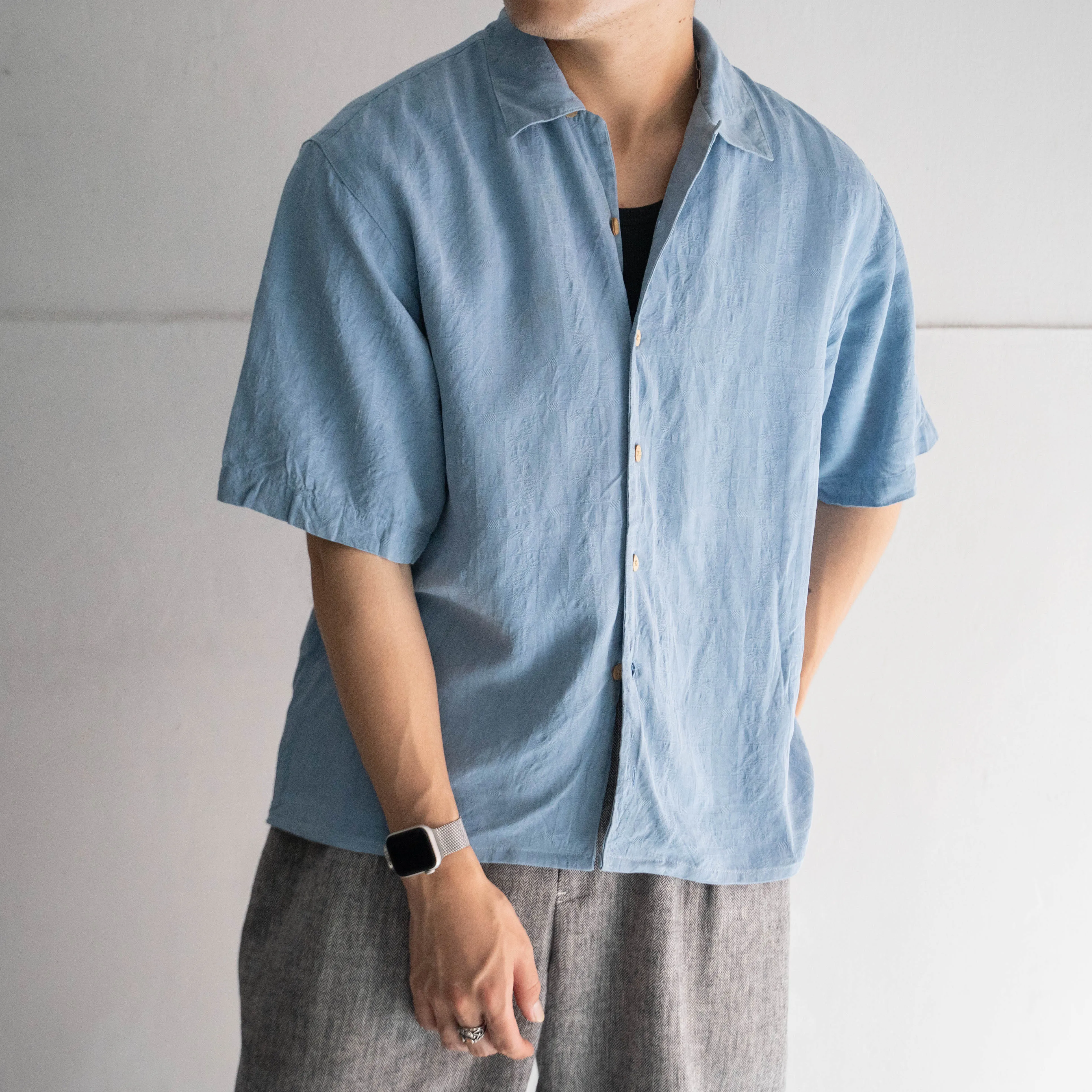 1990s blue color all silk open collar shirt -remake-