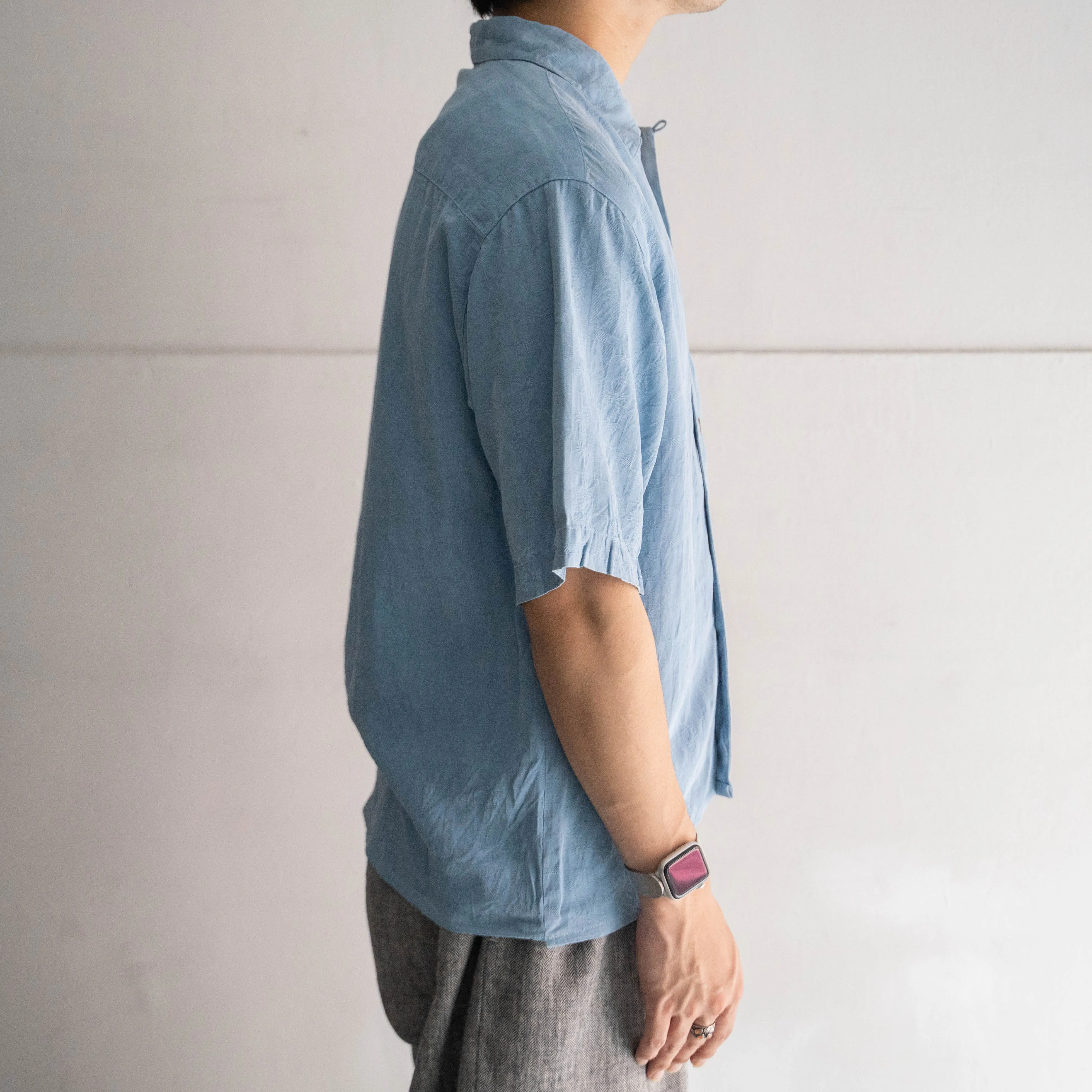 1990s blue color all silk open collar shirt -remake-