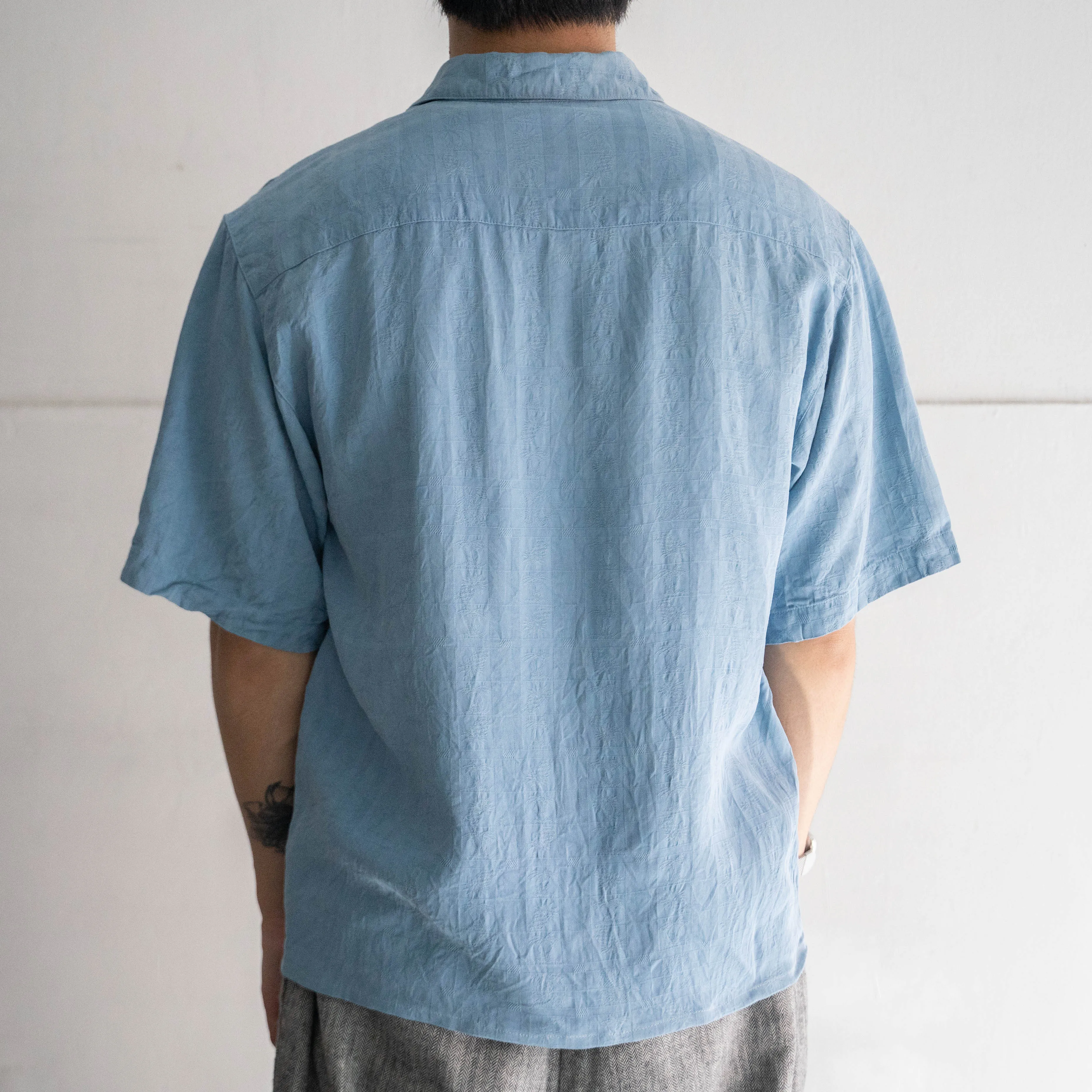 1990s blue color all silk open collar shirt -remake-