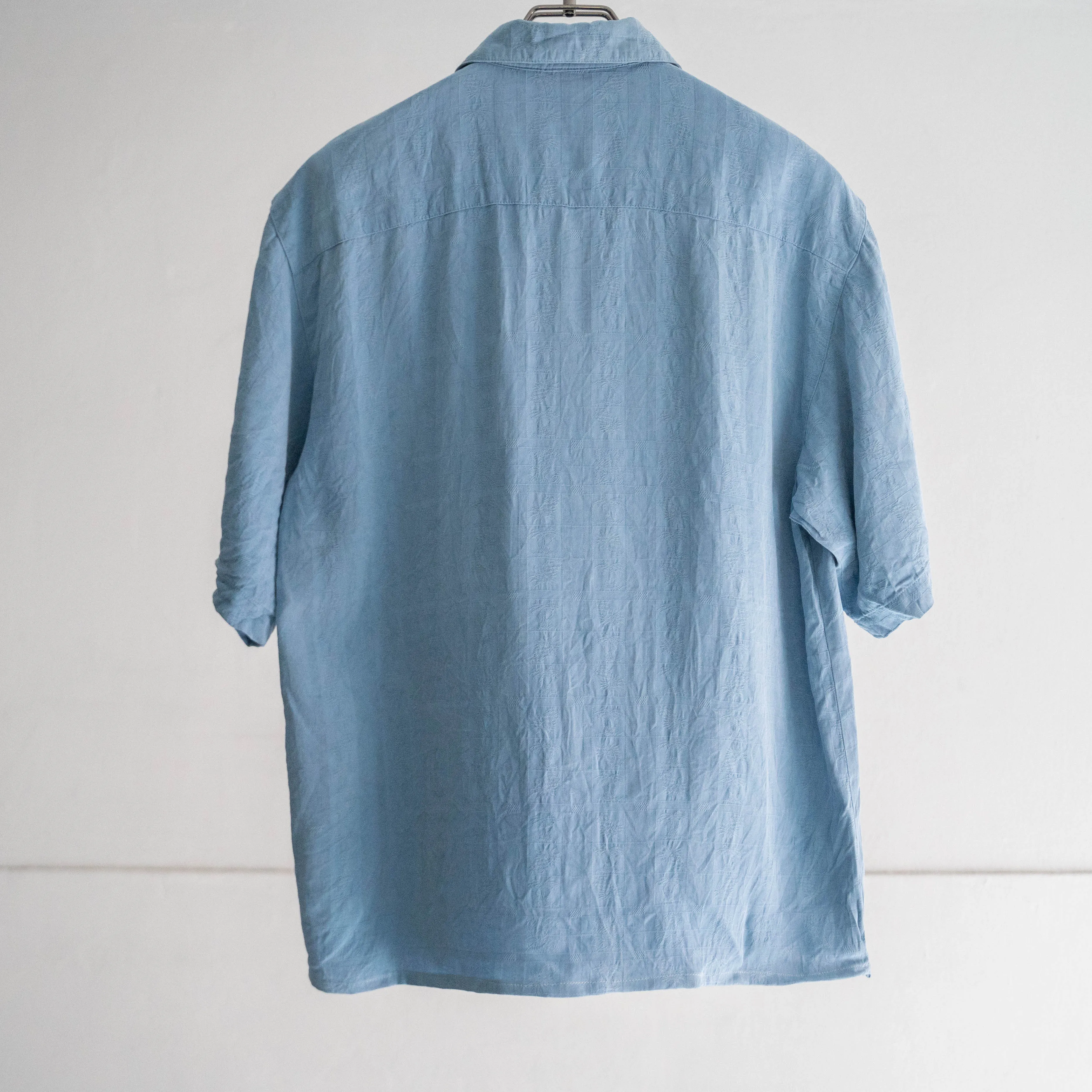 1990s blue color all silk open collar shirt -remake-