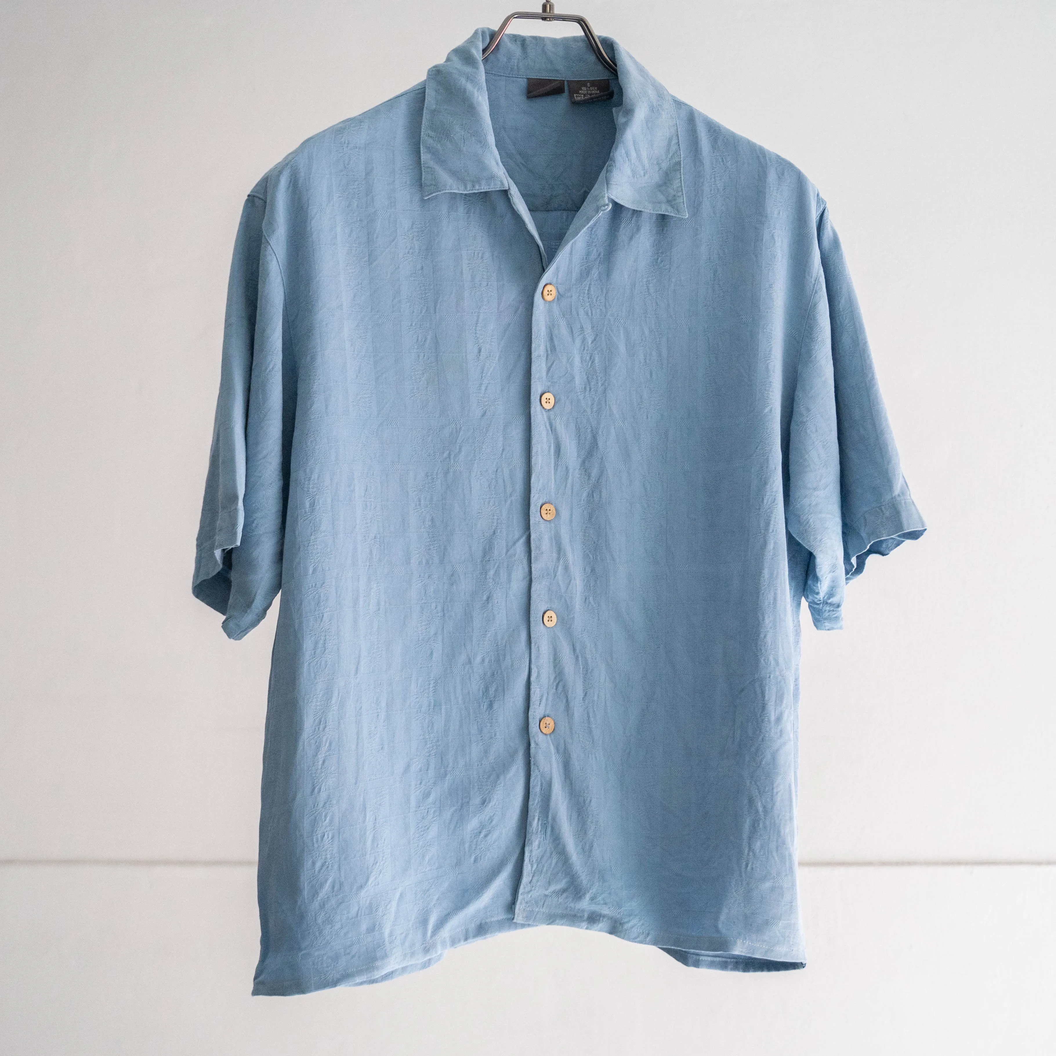 1990s blue color all silk open collar shirt -remake-