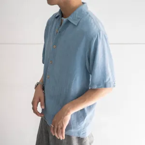 1990s blue color all silk open collar shirt -remake-