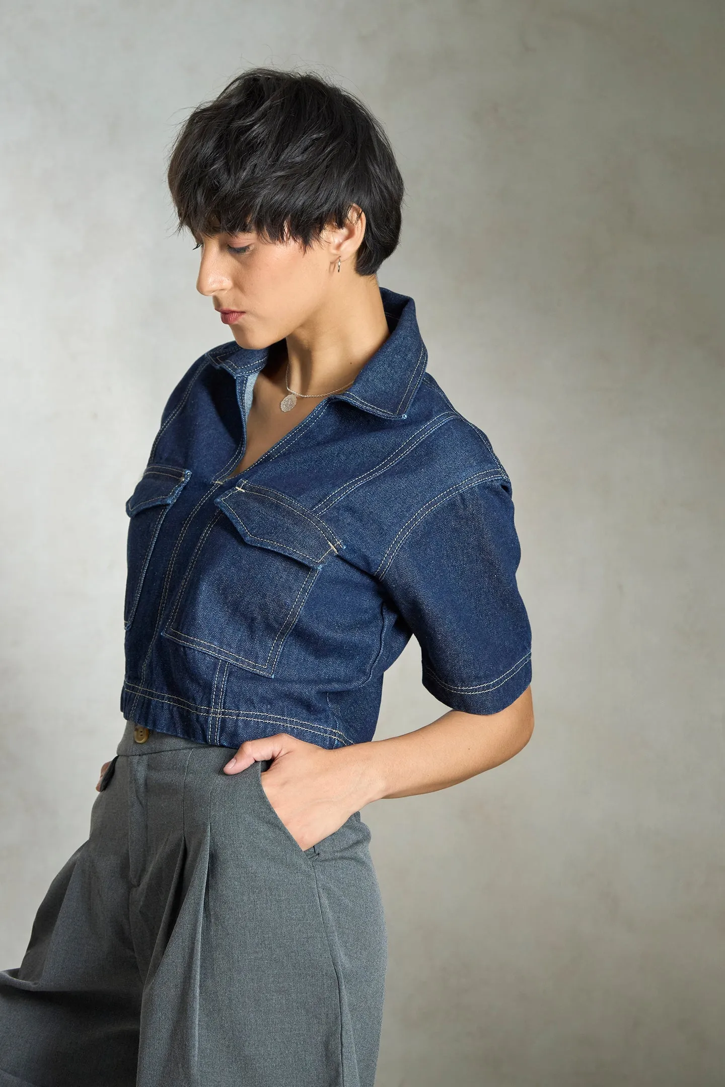 Beryl|Denim Seamed Crop Shirt