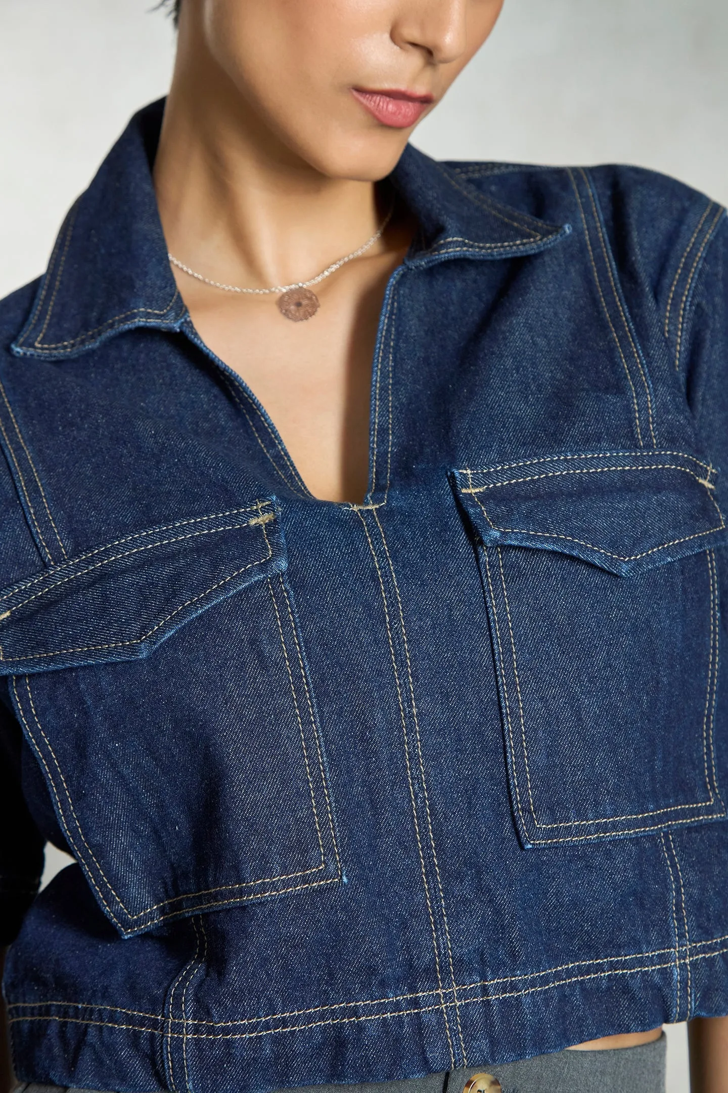 Beryl|Denim Seamed Crop Shirt