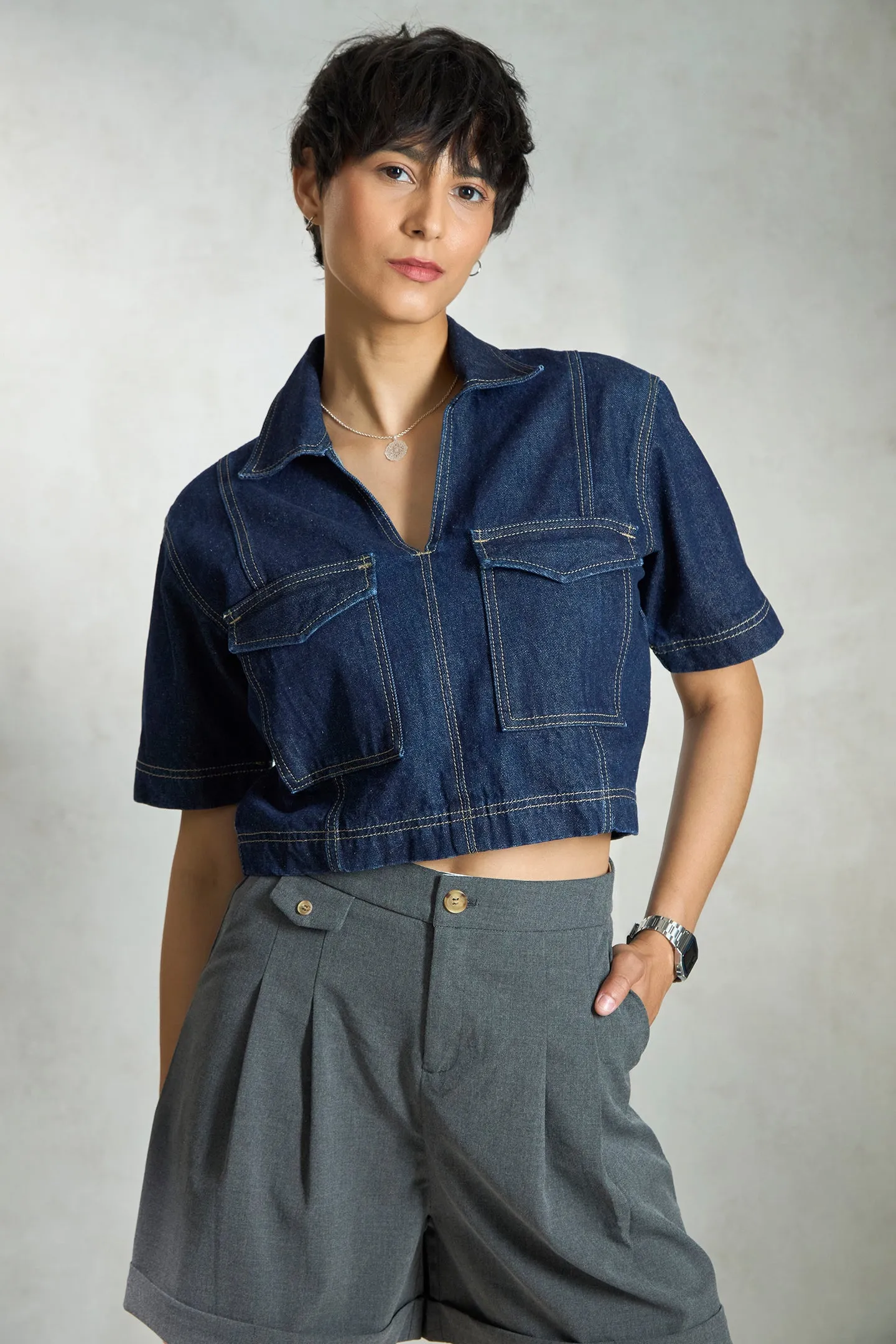 Beryl|Denim Seamed Crop Shirt