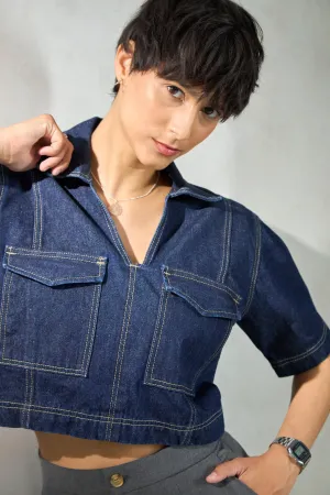 Beryl|Denim Seamed Crop Shirt