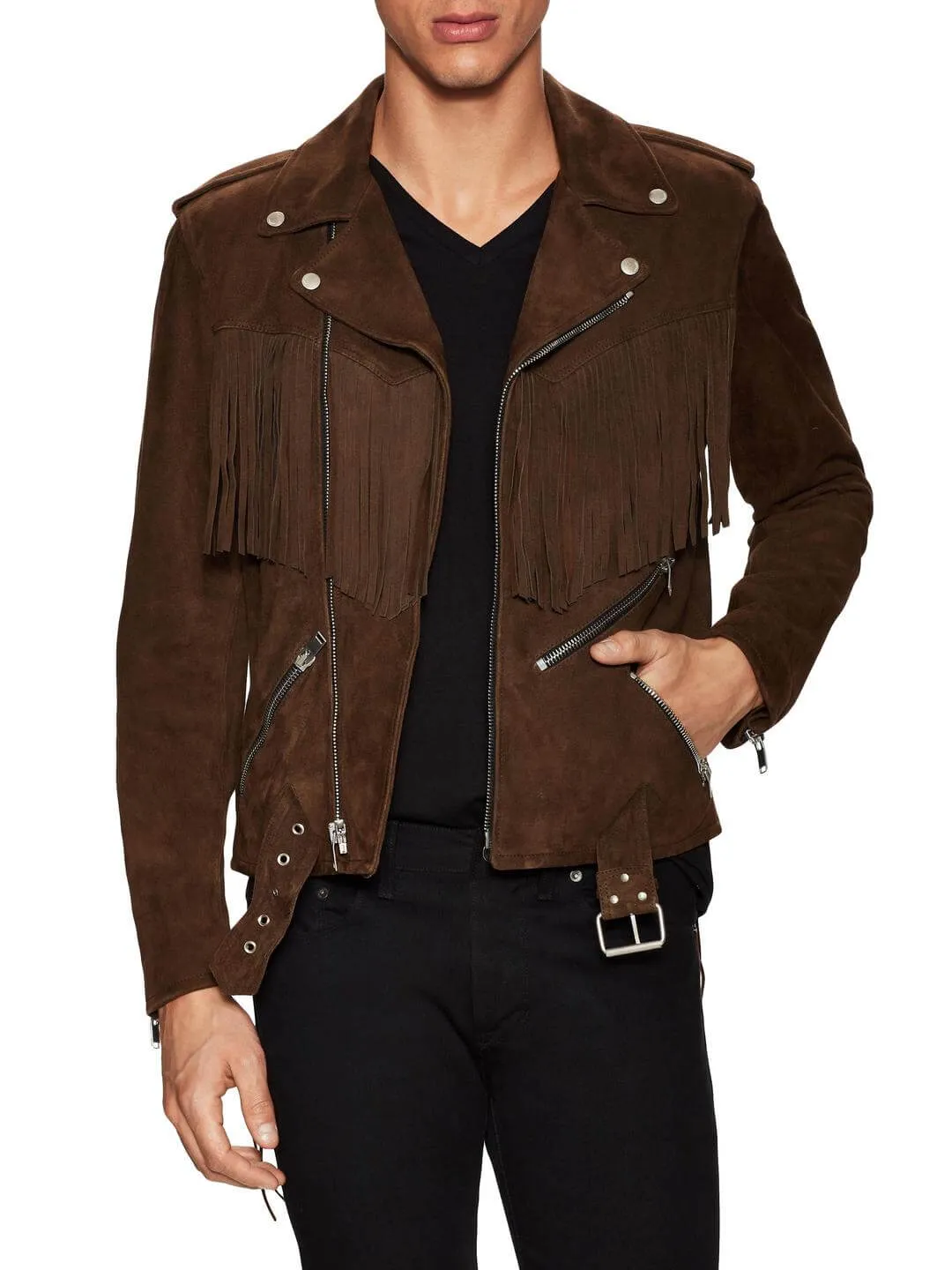 Brown Suede Fringed Motorcycle Jacket,Men's Fashion Jacket