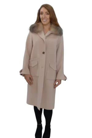 Cream Wool Coat with Crystal Fox Collar