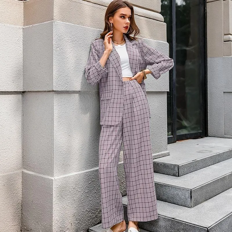 Elegant Plaid Two-piece Women Blazer Suit Casual Suit Blazer Set Chic