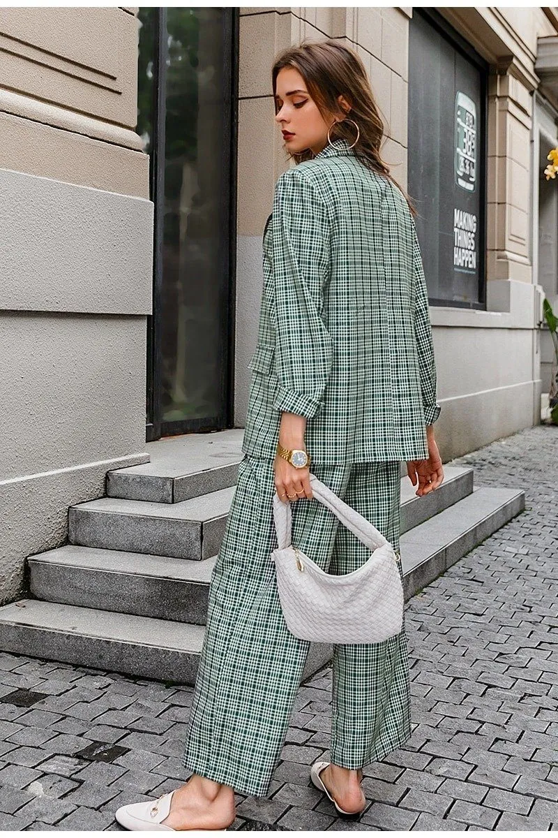 Elegant Plaid Two-piece Women Blazer Suit Casual Suit Blazer Set Chic