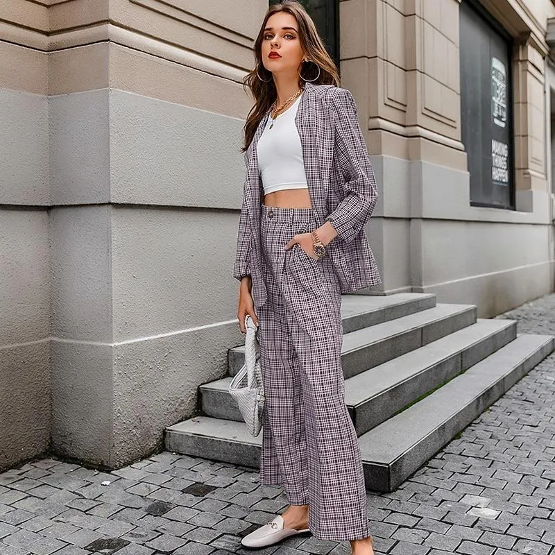 Elegant Plaid Two-piece Women Blazer Suit Casual Suit Blazer Set Chic