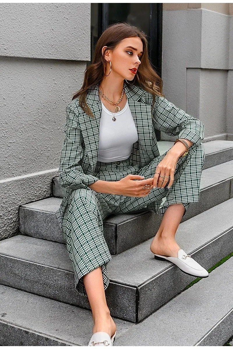 Elegant Plaid Two-piece Women Blazer Suit Casual Suit Blazer Set Chic