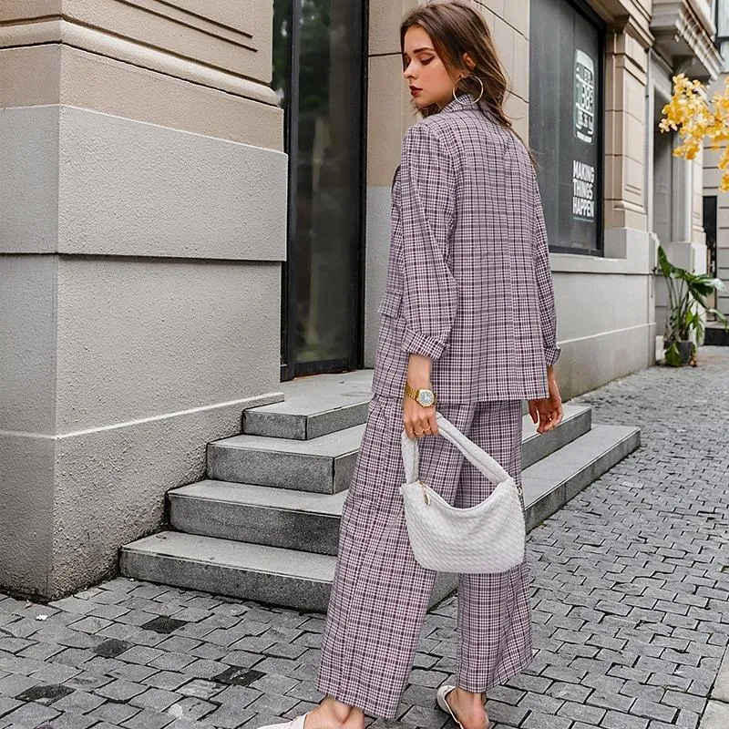 Elegant Plaid Two-piece Women Blazer Suit Casual Suit Blazer Set Chic