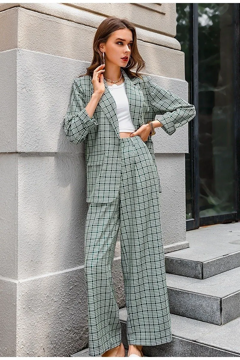 Elegant Plaid Two-piece Women Blazer Suit Casual Suit Blazer Set Chic