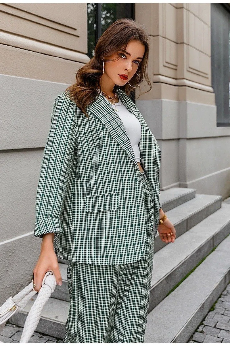Elegant Plaid Two-piece Women Blazer Suit Casual Suit Blazer Set Chic