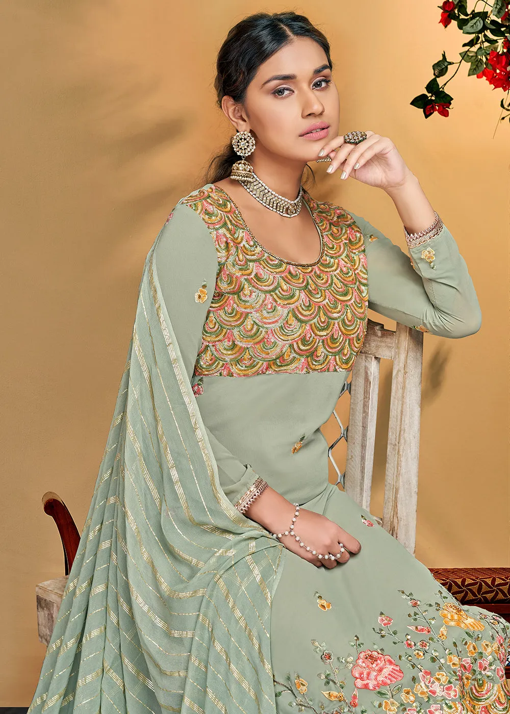 Flamboyant Sage Green Georgette Embroidered Salwar Kurta Set