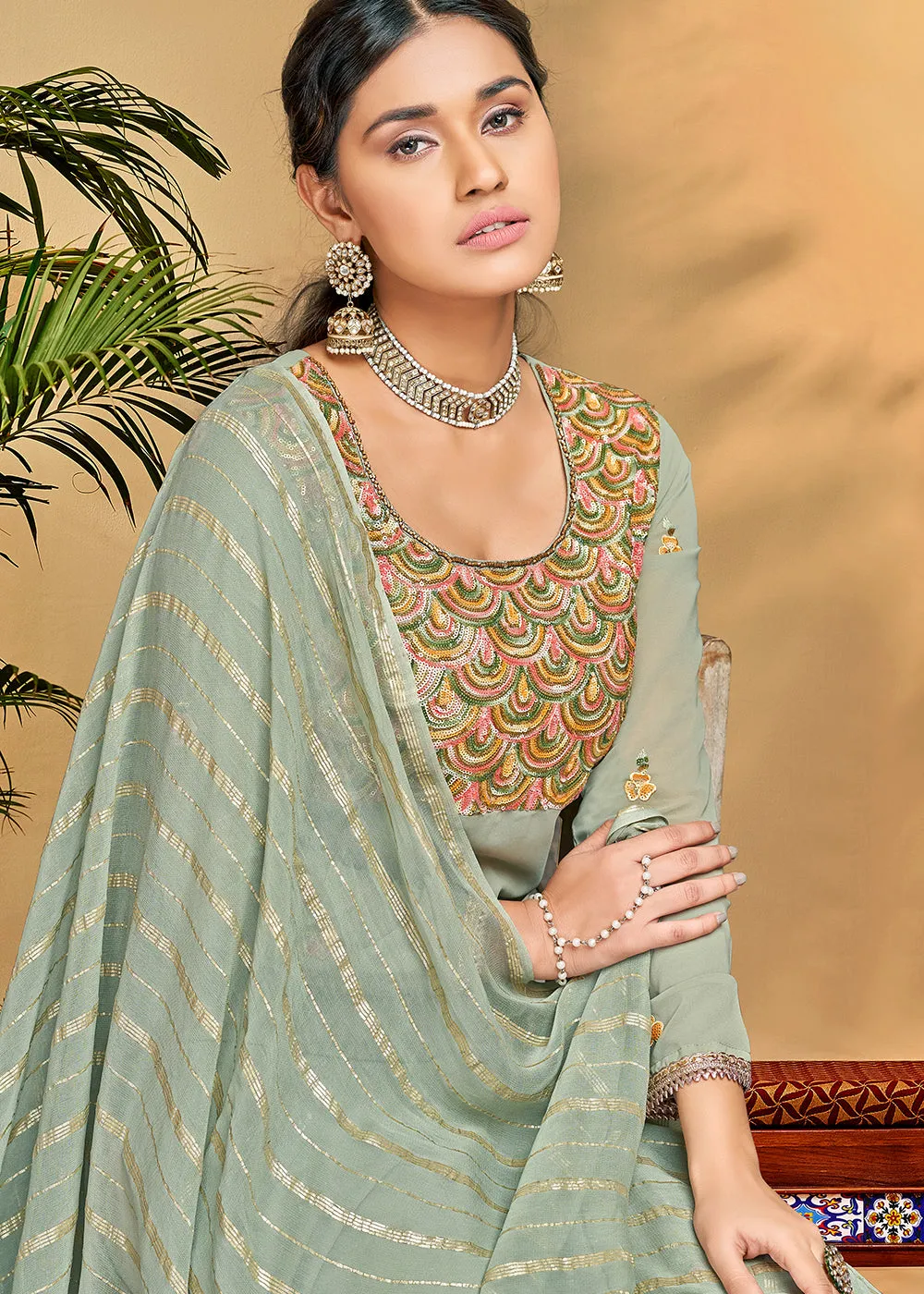 Flamboyant Sage Green Georgette Embroidered Salwar Kurta Set