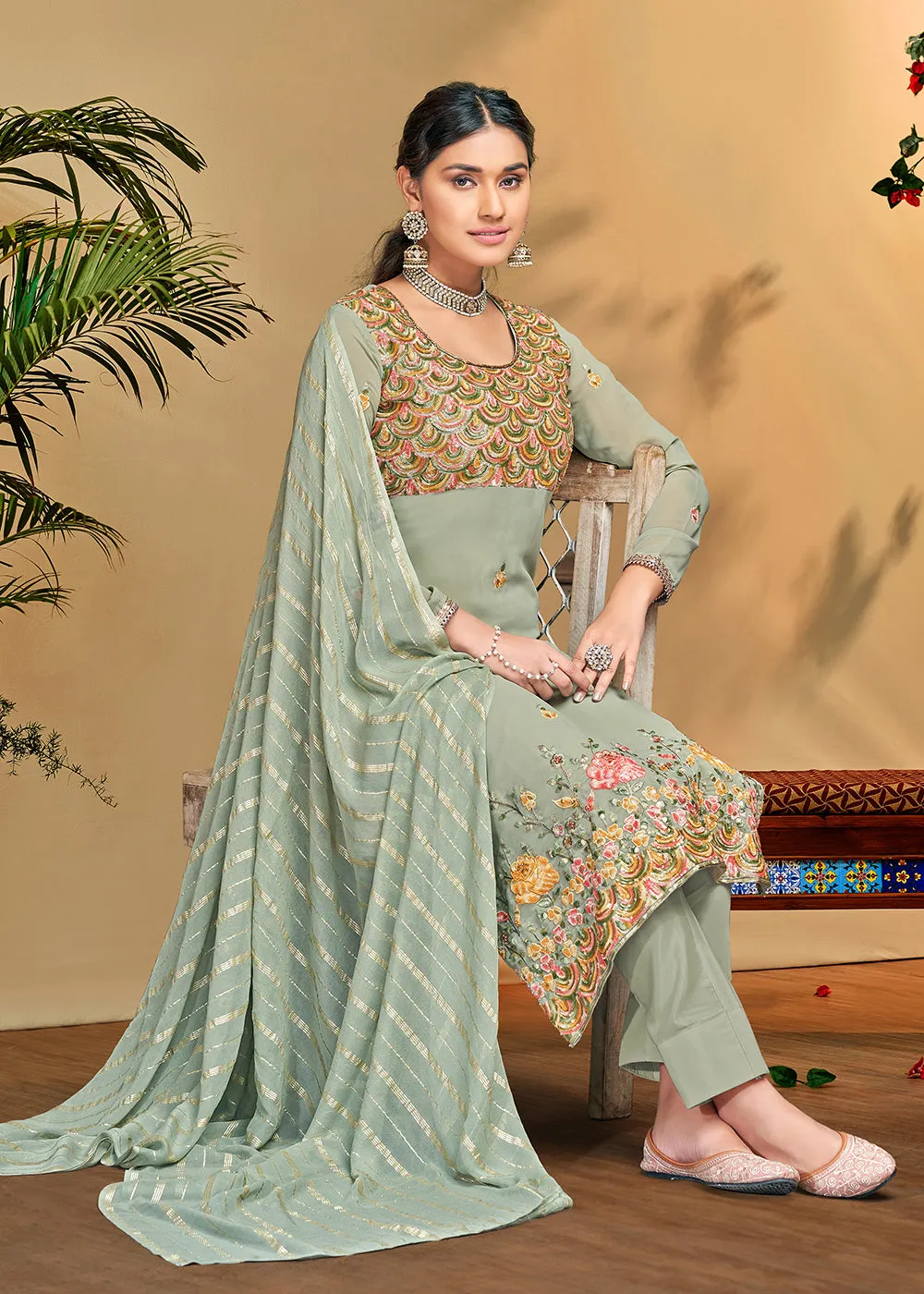 Flamboyant Sage Green Georgette Embroidered Salwar Kurta Set