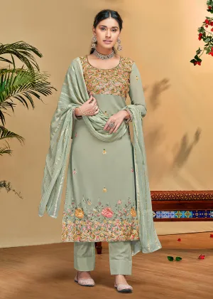 Flamboyant Sage Green Georgette Embroidered Salwar Kurta Set