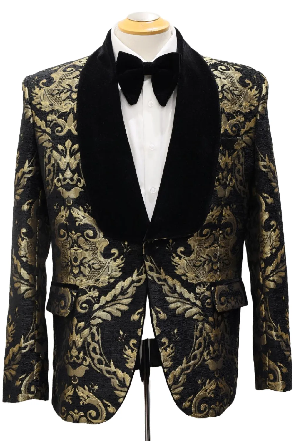 GOLD JACQUARD ON BLACK VELVET TUXEDO JACKET _