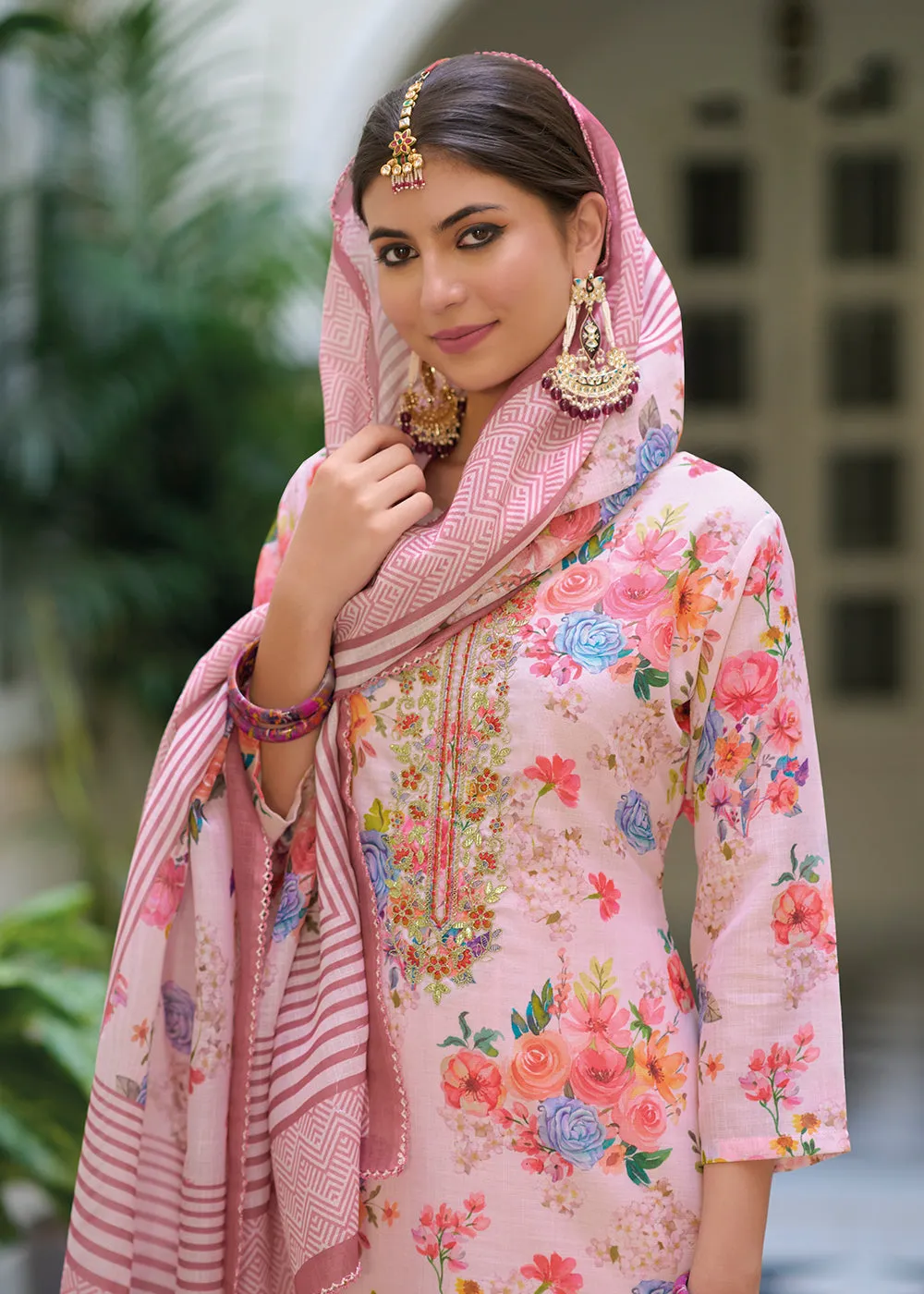 Gota Patti Embroidered Pink Lilen Ethnic Salwar Suit