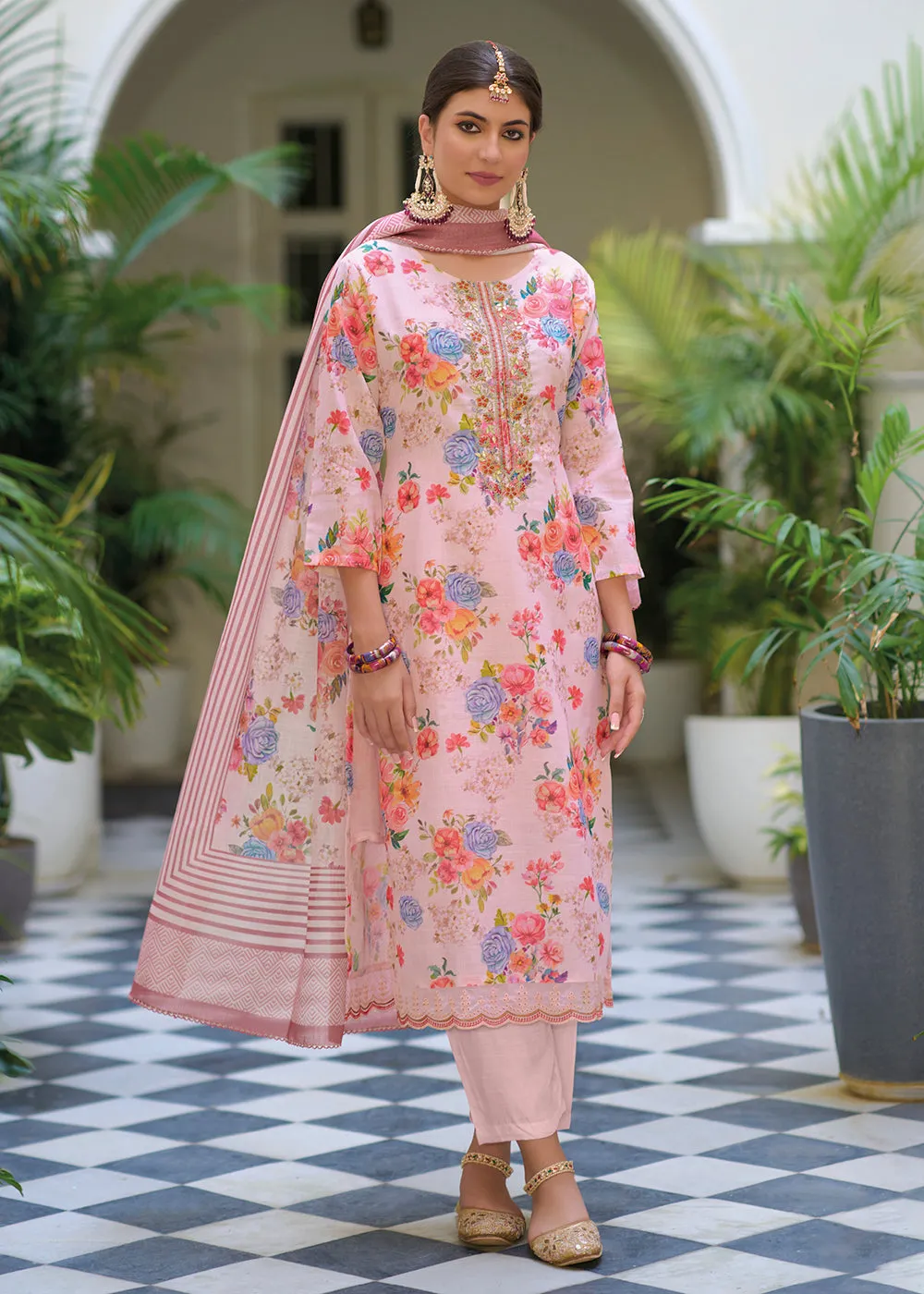 Gota Patti Embroidered Pink Lilen Ethnic Salwar Suit