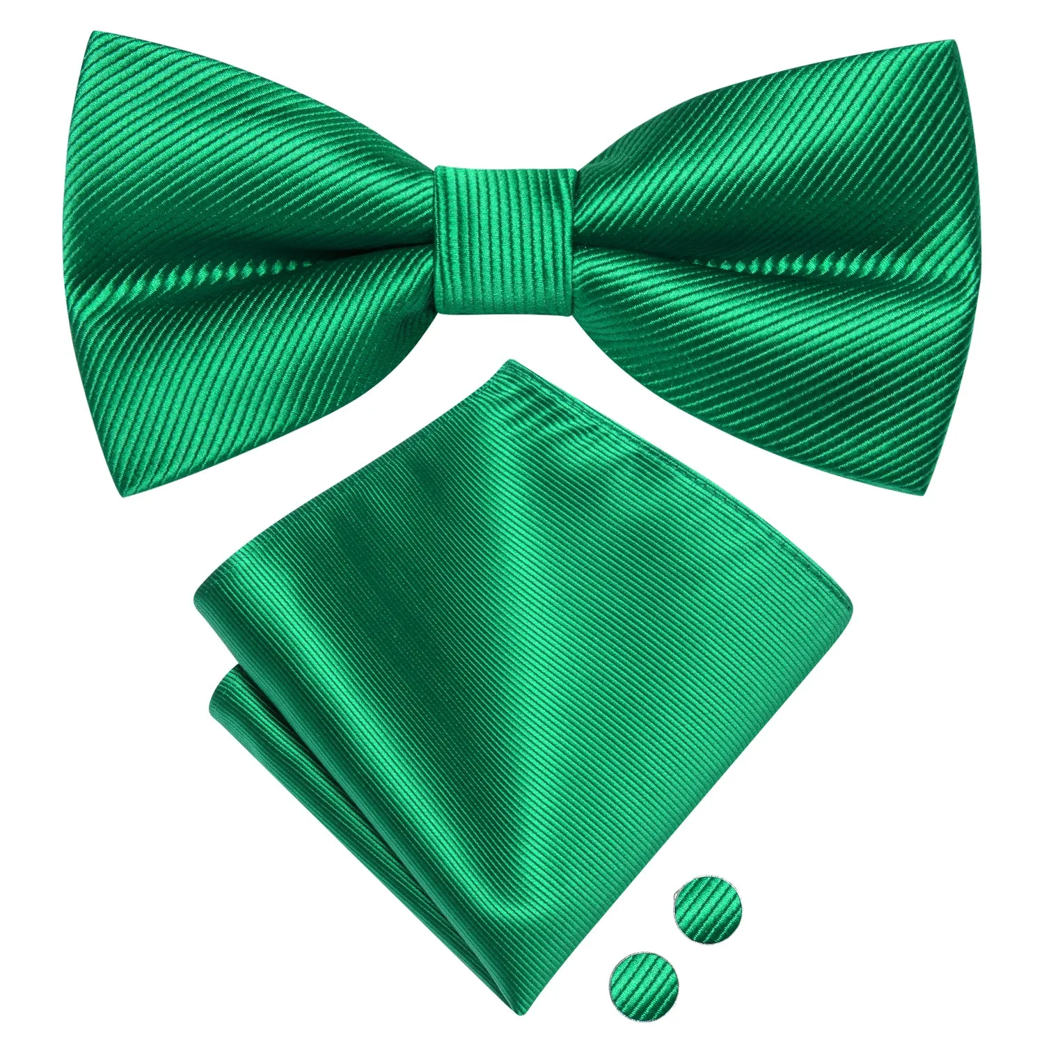 Grass Green Striped Pre-tied Bow Tie Hanky Cufflinks Set
