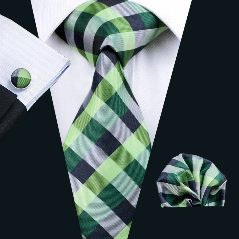 Green Plaid Silk Men's Tie Pocket Square Cufflinks Gift Box Set