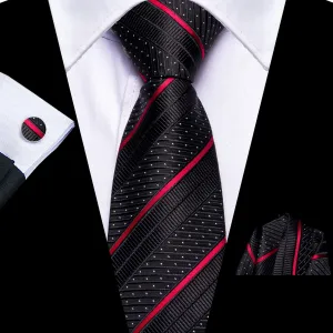 Hi-Tie Black Tie White Dots Red Stripes Men's Novelty Pre-Tied Tie Set