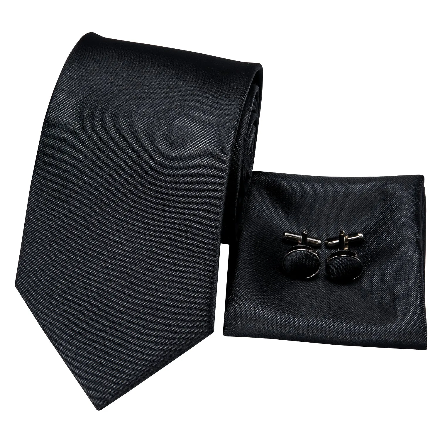 Hi-Tie Black Wedding Necktie Solid Men Tie Pocket Square Cufflinks Set
