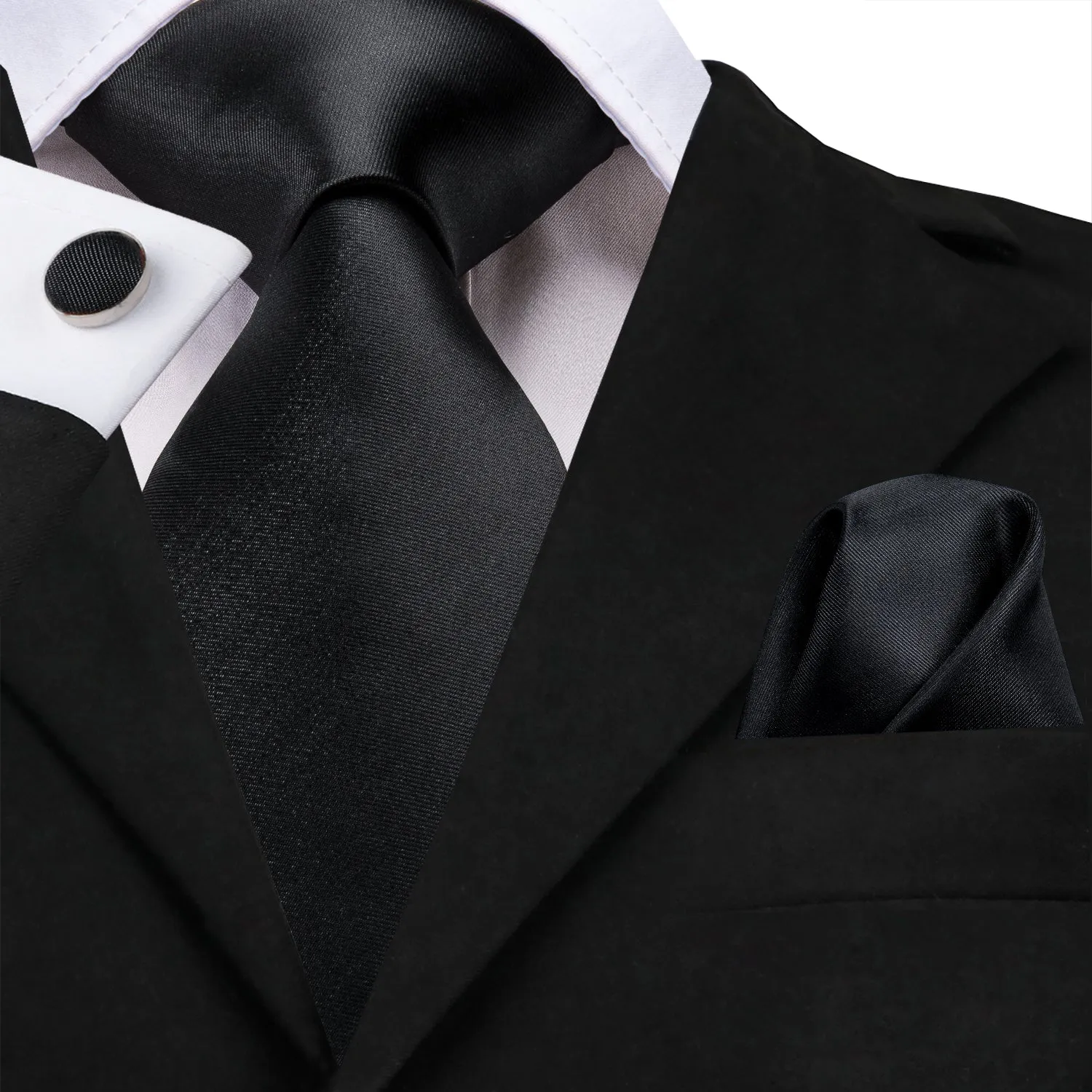 Hi-Tie Black Wedding Necktie Solid Men Tie Pocket Square Cufflinks Set