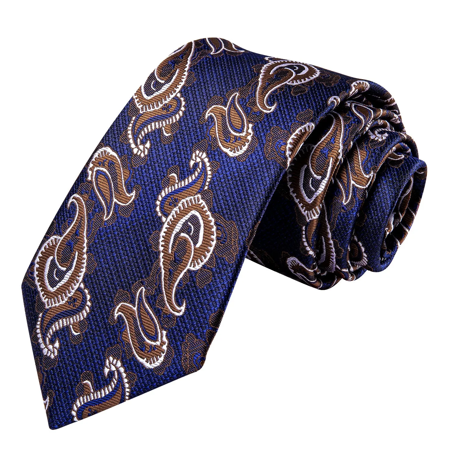 Hi-Tie Blue Brown Paisley Men's Silk Tie Pocket Square Cufflinks Set