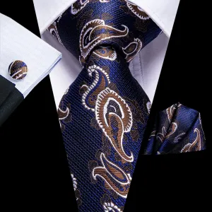 Hi-Tie Blue Brown Paisley Men's Silk Tie Pocket Square Cufflinks Set