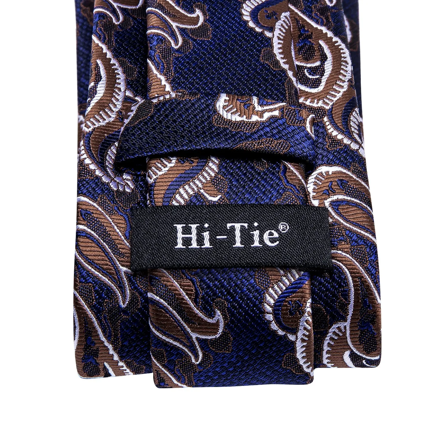 Hi-Tie Blue Brown Paisley Men's Silk Tie Pocket Square Cufflinks Set