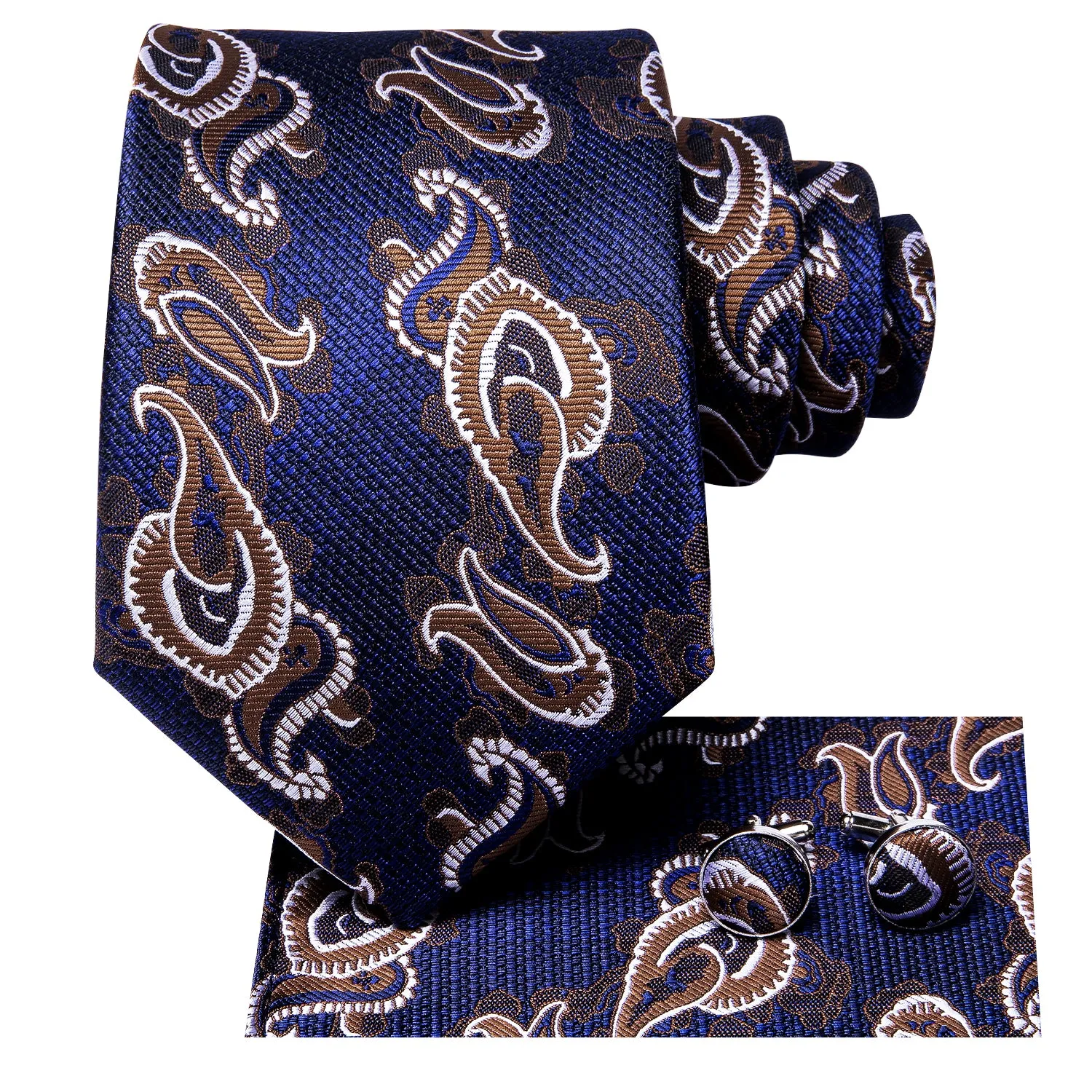 Hi-Tie Blue Brown Paisley Men's Silk Tie Pocket Square Cufflinks Set