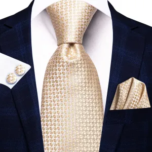 Hi-Tie Champagne Men Novelty Plaid Necktie Pocket Square Cufflinks Set