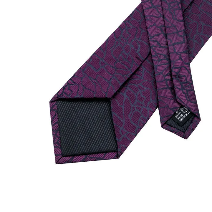 Hi-Tie Dark Purple Necktie Black Plaid Tie Pocket Square Cufflinks Set