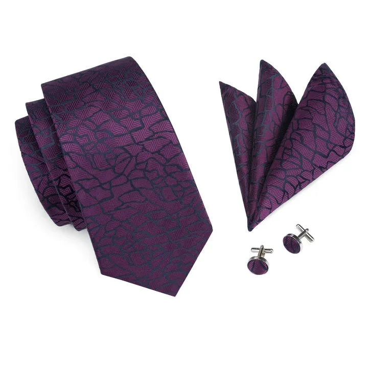 Hi-Tie Dark Purple Necktie Black Plaid Tie Pocket Square Cufflinks Set