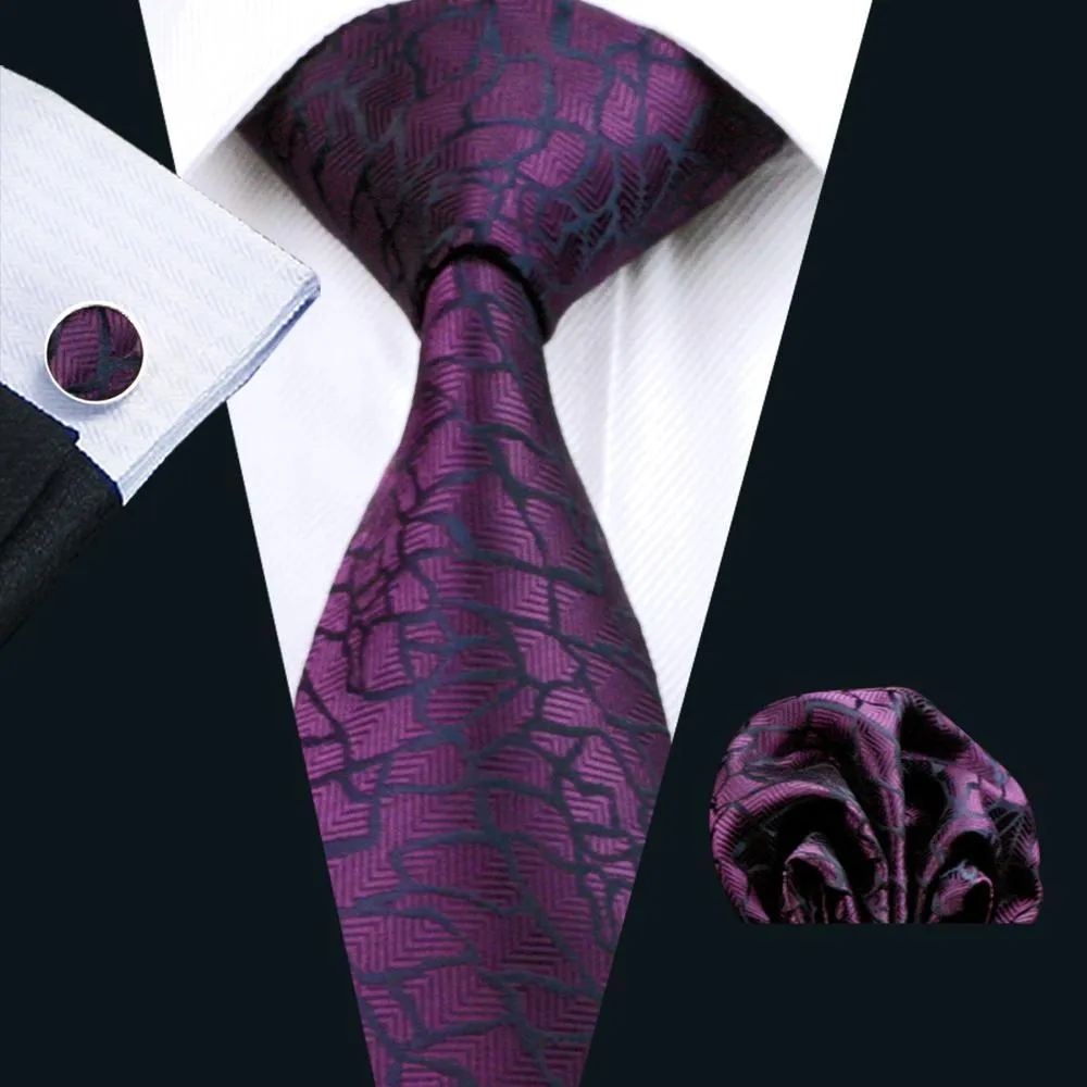 Hi-Tie Dark Purple Necktie Black Plaid Tie Pocket Square Cufflinks Set
