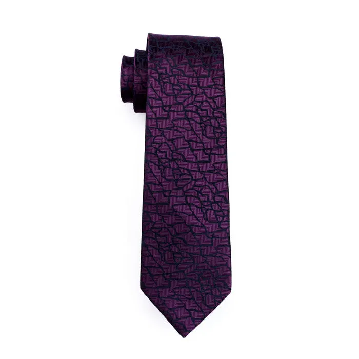 Hi-Tie Dark Purple Necktie Black Plaid Tie Pocket Square Cufflinks Set