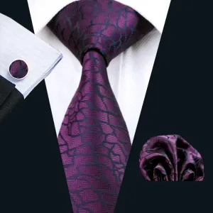 Hi-Tie Dark Purple Necktie Black Plaid Tie Pocket Square Cufflinks Set