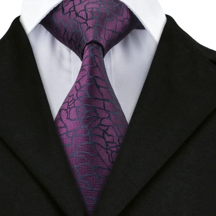 Hi-Tie Dark Purple Necktie Black Plaid Tie Pocket Square Cufflinks Set
