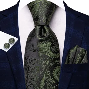 Hi-Tie Deep Green Black Paisley Silk Tie Pocket Square Cufflinks Set