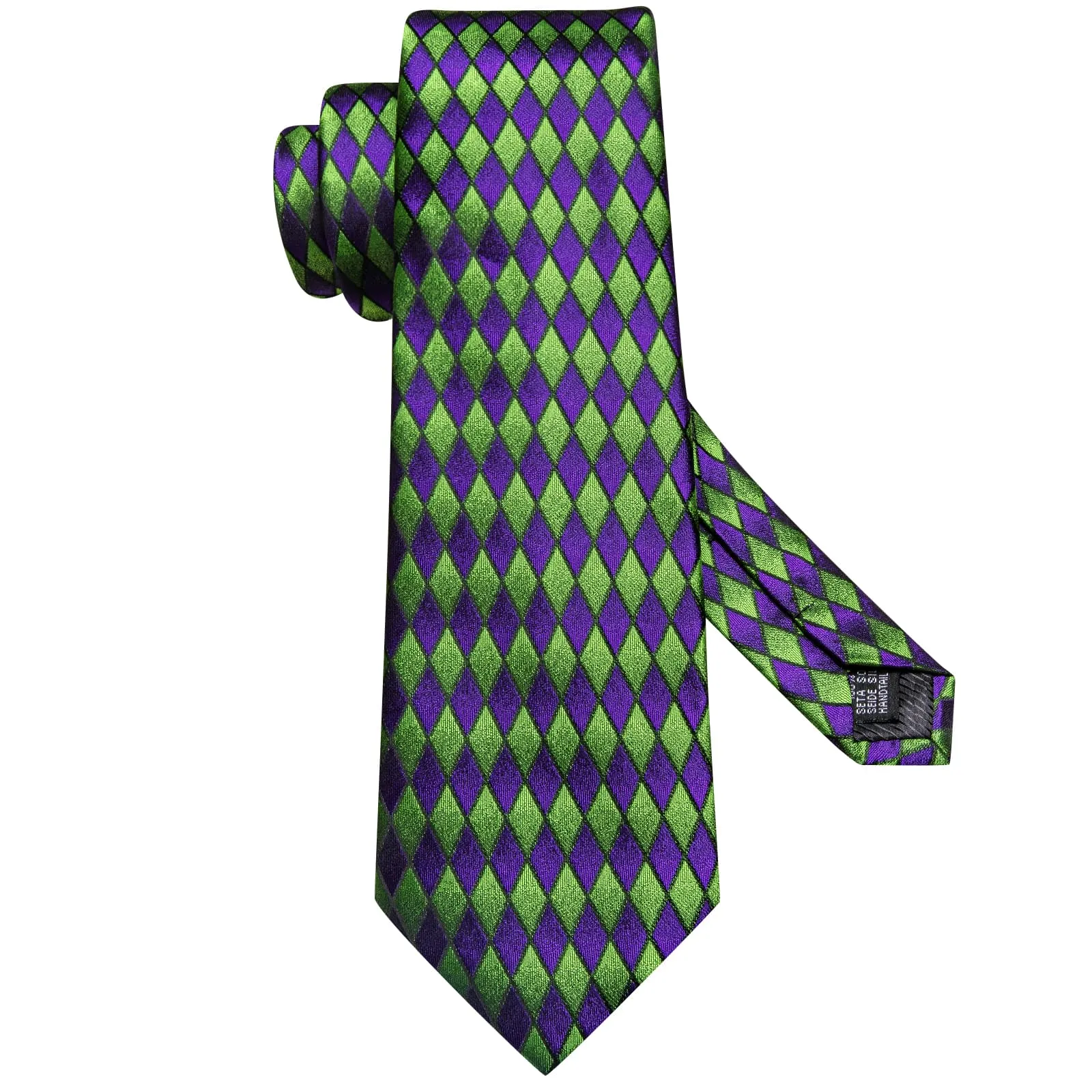 Hi-Tie Geometric Necktie Green Purple Men's Tie Hanky Cufflinks Set