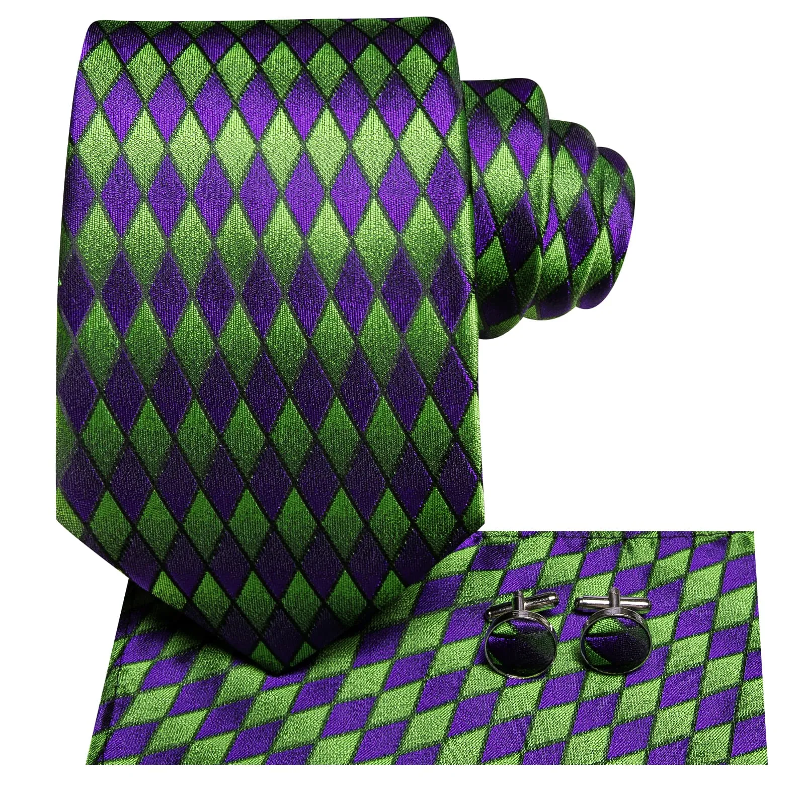 Hi-Tie Geometric Necktie Green Purple Men's Tie Hanky Cufflinks Set