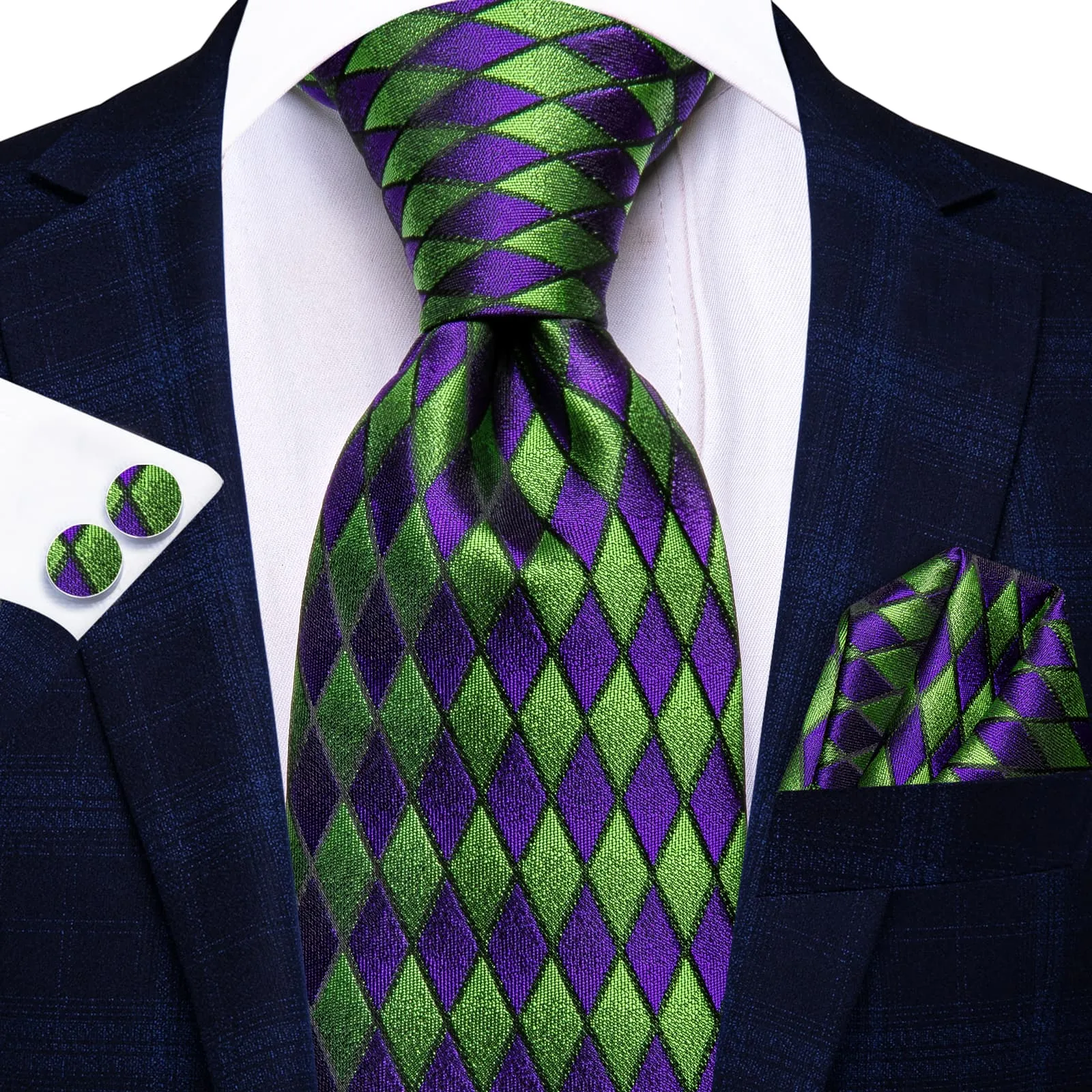 Hi-Tie Geometric Necktie Green Purple Men's Tie Hanky Cufflinks Set