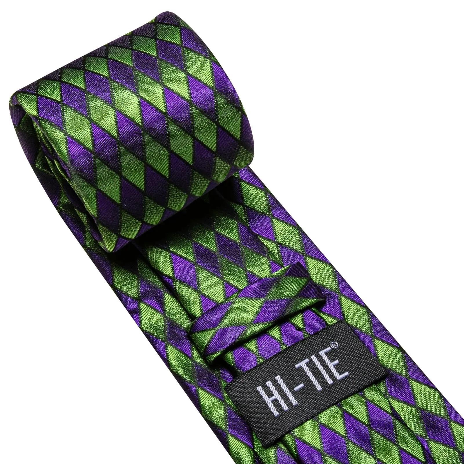 Hi-Tie Geometric Necktie Green Purple Men's Tie Hanky Cufflinks Set