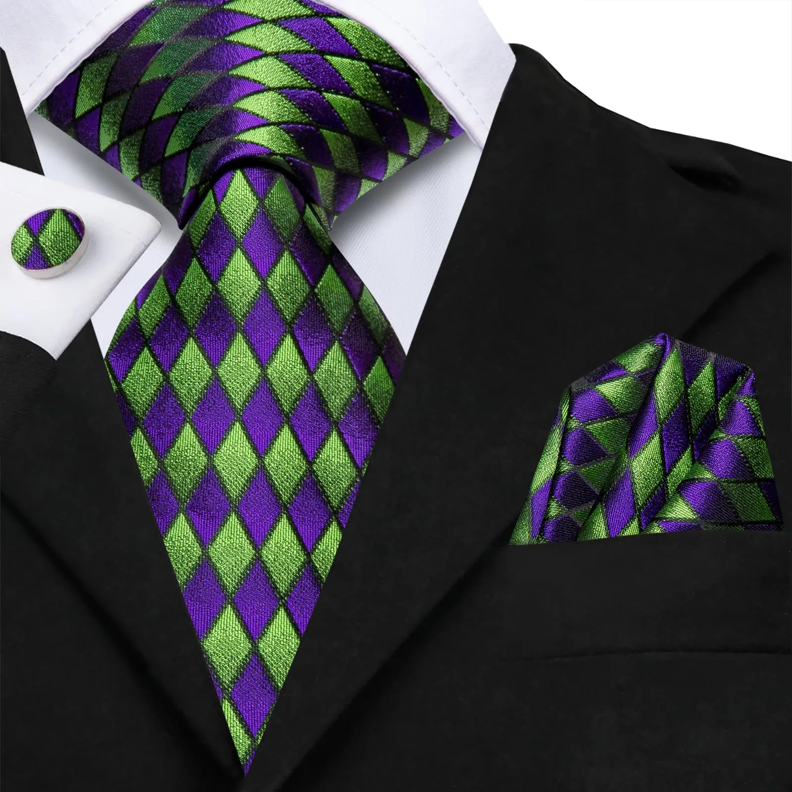 Hi-Tie Geometric Necktie Green Purple Men's Tie Hanky Cufflinks Set